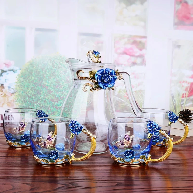 Стеклянный чайник для горячих и холодных напитков с эмалью красная роза 1300