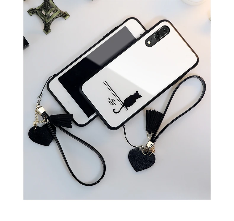 Чехол и ремешок для Xiaomi Mi 9 8 se cc9 cc9e, стеклянный жесткий чехол для телефона для Xiaomi Mi cc9 8 Lite, простой милый шнурок для кошки, funda
