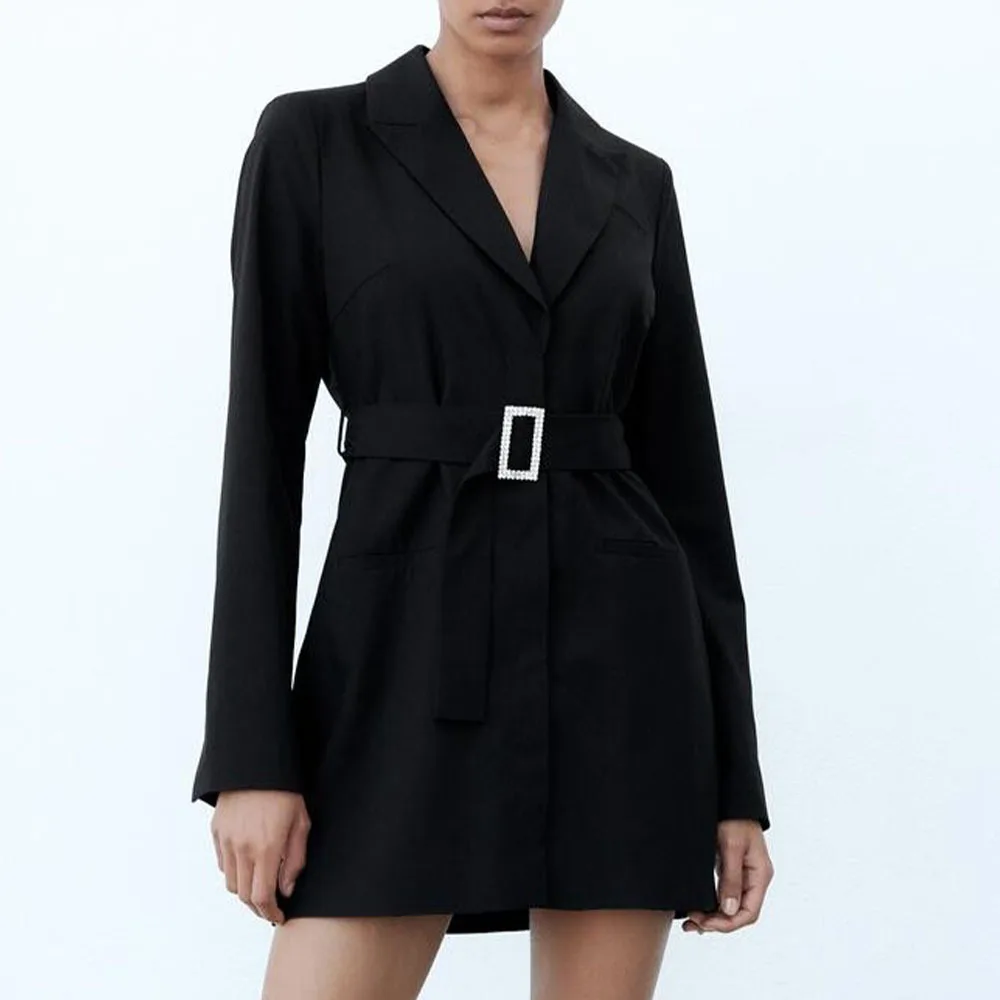 

Za Women 2022 Spring New Chic Fashion with belt Blazer style Dress Vintage lapel Long Sleeve Female Dresses Vestidos Mujer