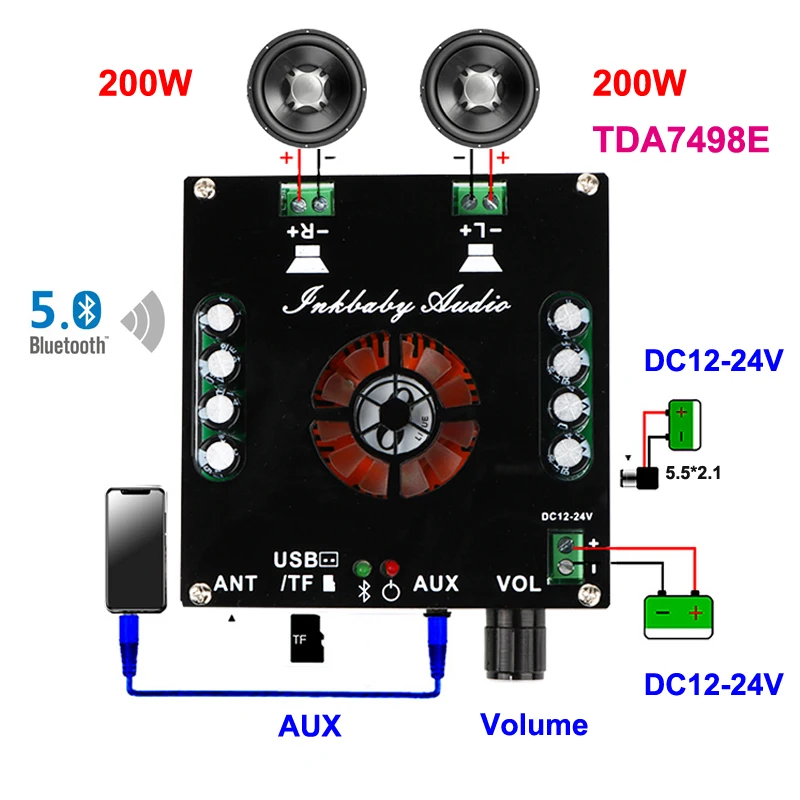 Плата усилителя сабвуфера TDA7498E 2*200 Вт Bluetooth 5 0 2 каналов FM-радио аудиосистема для