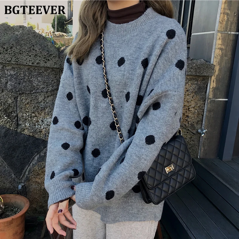 BGTEEVER Chic Polka Dots Print O-neck Women Knitted Sweaters 2019 Winter Oversize Full Sleeve Casual Female Pullover Jumpers | Женская
