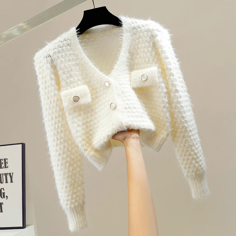 

Fashion V-neck Short Sweater Cardigan for Women Loose All-Matching Knitting Top Elegant Woman Green Knitwear Ladies Sweaters