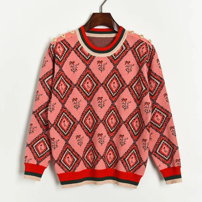 Женский жаккардовый свитер в стиле ретро контрастный джемпер клетку с ромбами
