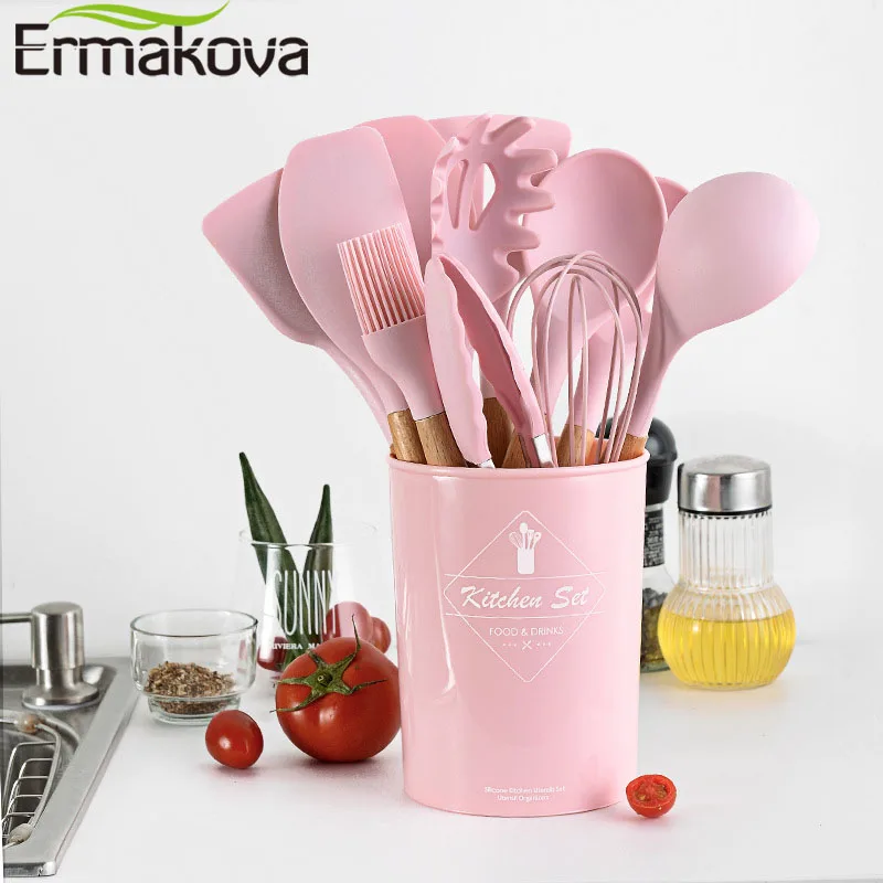 

ERMAKOVA Silicone Cooking Utensils Set Non-Stick Spatula Shovel Wooden Handle Cooking Tools Set With Storage Box Kitchen Tools