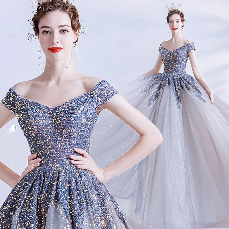 

Blue Beaded Sequins Plus Size Bridesmaid Wedding Long Ball Gown Dress Party Evening Birthday Dresses for Women