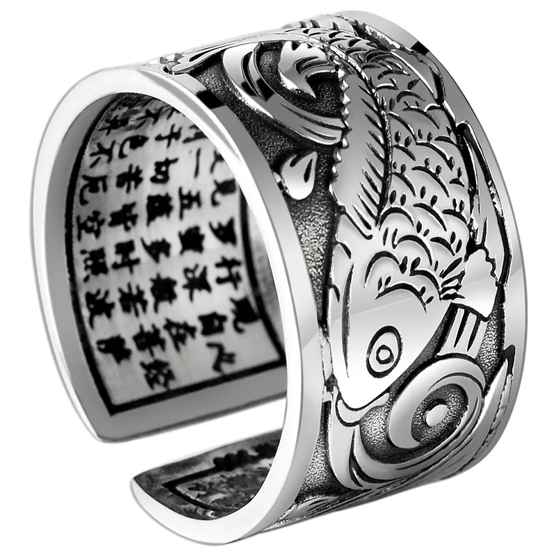 

New Buddha Men Opening Ring S999 Sterling Silver Jewelry Buddhist Heart Sutra Adjustable Ring Christmas gift Jewelry Free Ship