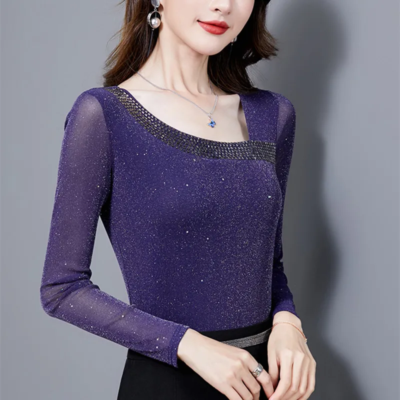 Корейские женские блузки Женская сетчатая блузка с блестками рубашка топы
