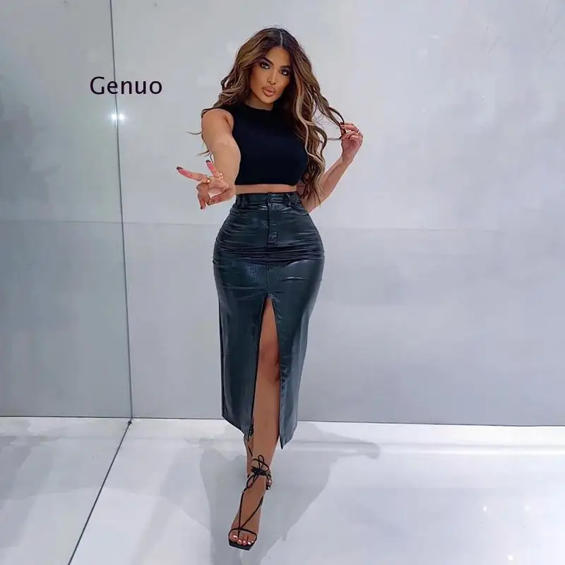 

Autumn Solid Pu Leather Long Skirt Women Fashion High Waist Split Clothing Lady Casual Straight Skirt 2021 New