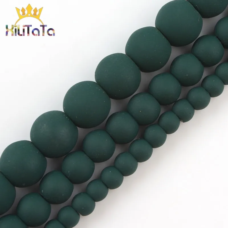 Круглые матовые бусины из натурального камня темно-зеленого цвета гематита для