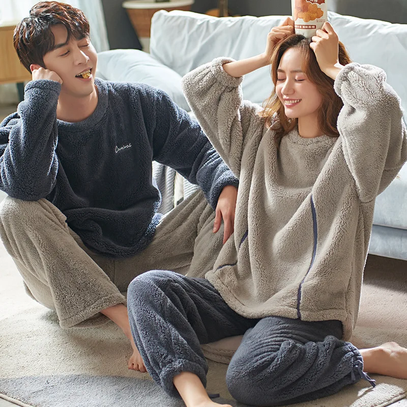 Sleepwear Couple Pajamas Set Autumn Winter Long-sleeved Pajamas Plush Cute Sweet Loose Casual Home Wear Flannel Pants