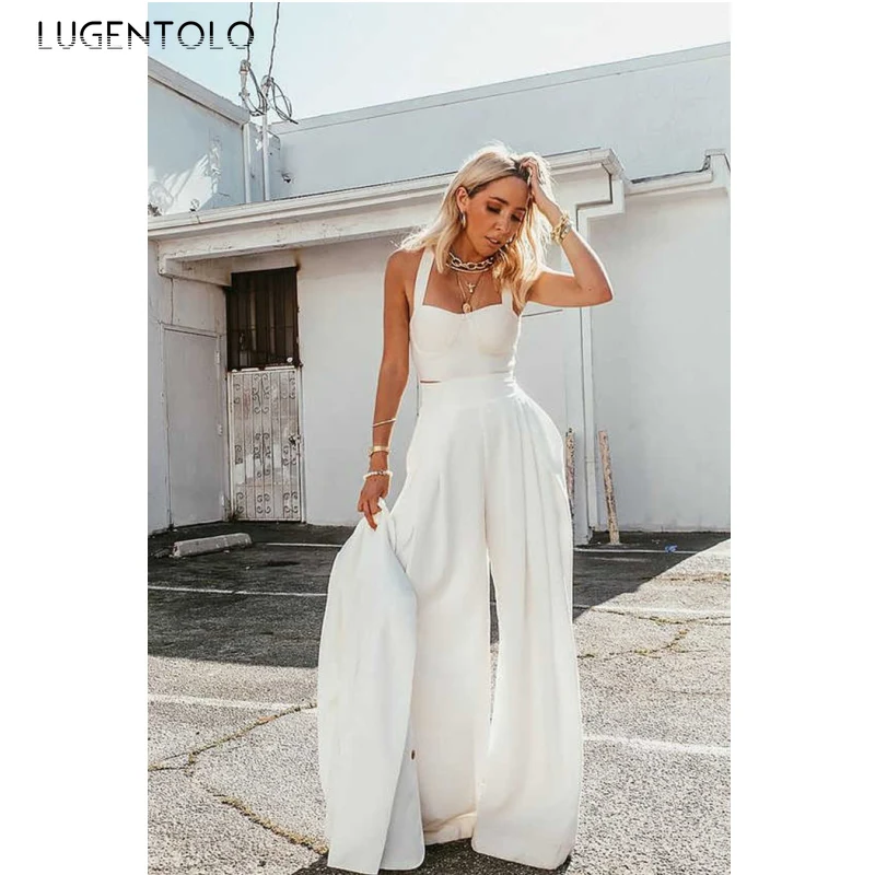 

Women Pant Sets Summer Vest Sexy Breast Wrap Tank White Straight Casual Loose Long Wide Leg Pants Lugentolo