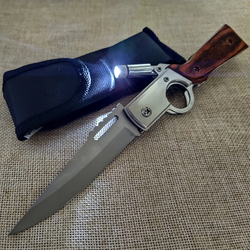 260mm (10'') 57HRC Pocket Tactical rosewood+steel Folding Blade Knife Survival Hunting Camping Knives with LED | Инструменты