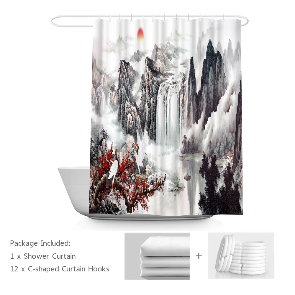 

Foggy Mountain Shower Curtain Asian Themed Bathroom Decor Pine Tree Forest Dramatic Misty Sky Scenery Bath Curtains Decor
