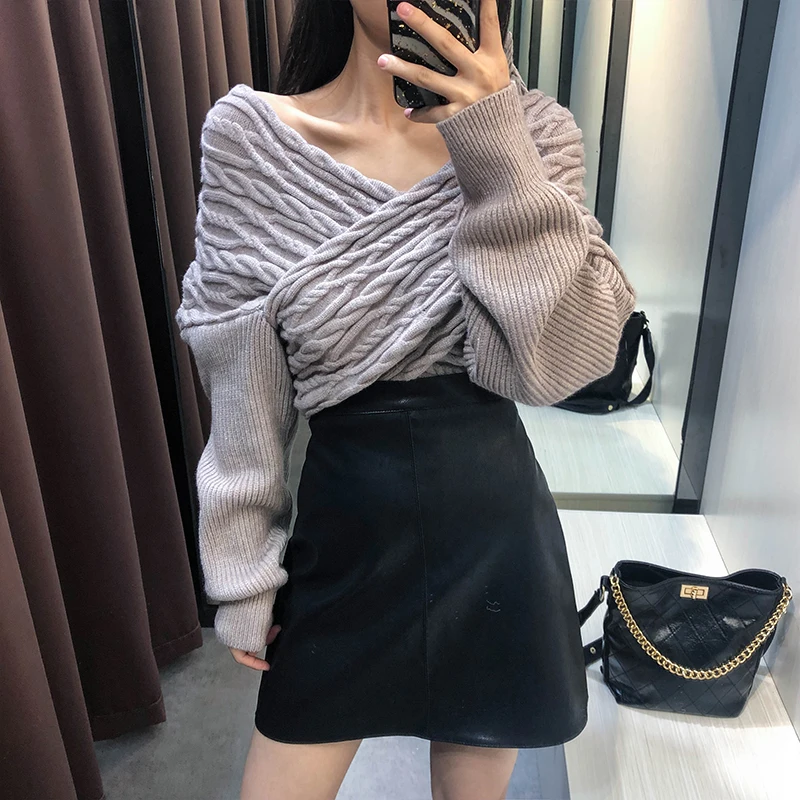 

2020 Women Sweaters And Pullovers Sale Jumper Sweater V-neck Strapless Cross-thread Knitted Pullover Pull Femme Nouveaute 2020