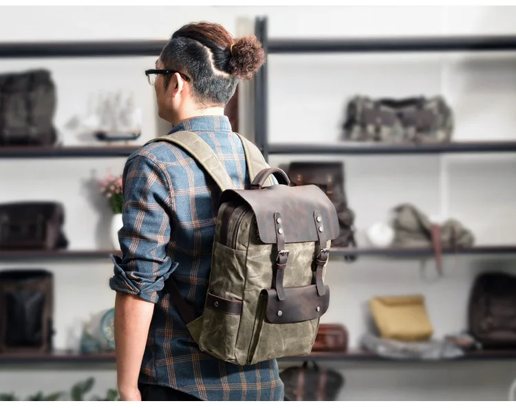 

Classic Outdoor Laptop Backpack Student Waterproof Bag Cotton Waxed Canvas With Top Layer Crazy Horse Leather Backpack