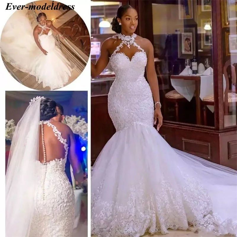 

2021 New African Mermaid Wedding Dresses Sexy Halter Illusion Back Robe De Mariee Vintage Lace Appliques Plus Sizes Bridal Gowns