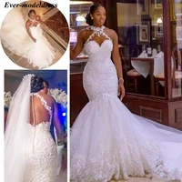 2021 new african mermaid wedding dresses sexy halter illusion back robe de mariee vintage lace appliques plus sizes bridal gowns