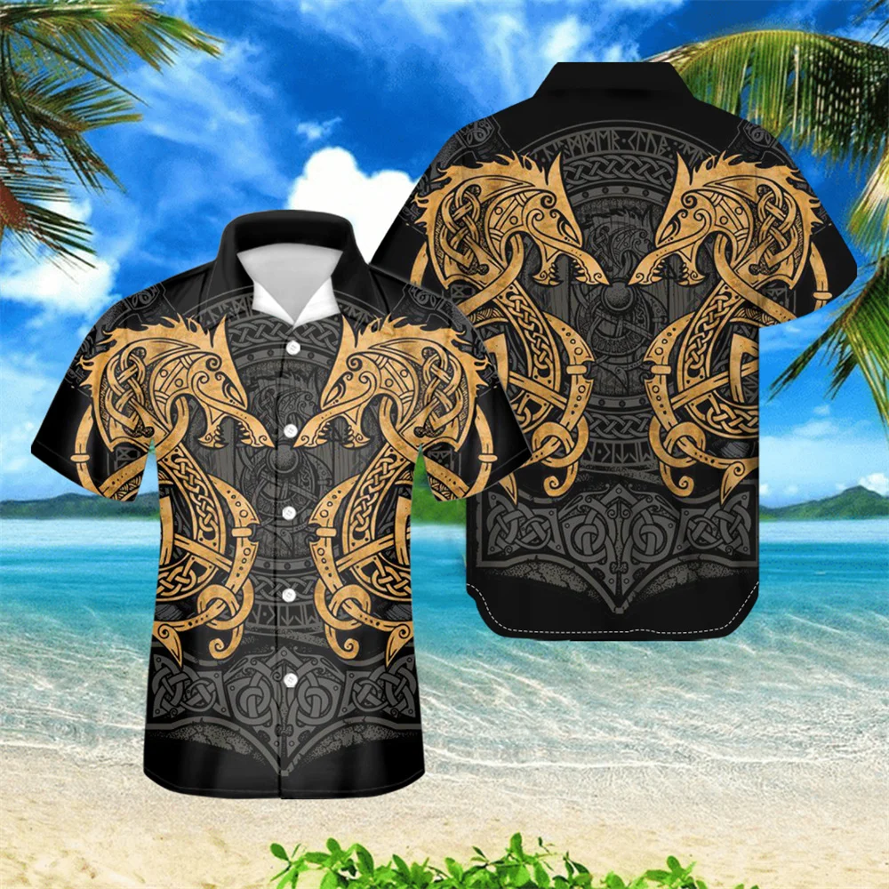 

Short Sleeved Turn-Down Men Guayabera Shirts Vintage Fighting Fenrir-Viking Tattoos Pattern Mens Button Cardigan Hawaiian Shirts