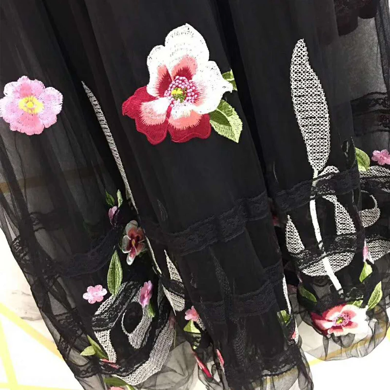 

AELESEEN Runway Fashion Black Dress 2020 Spring Summer 3/4 Sleeve High Quality See-Through Flower Embroidery Mesh Elegant Dress