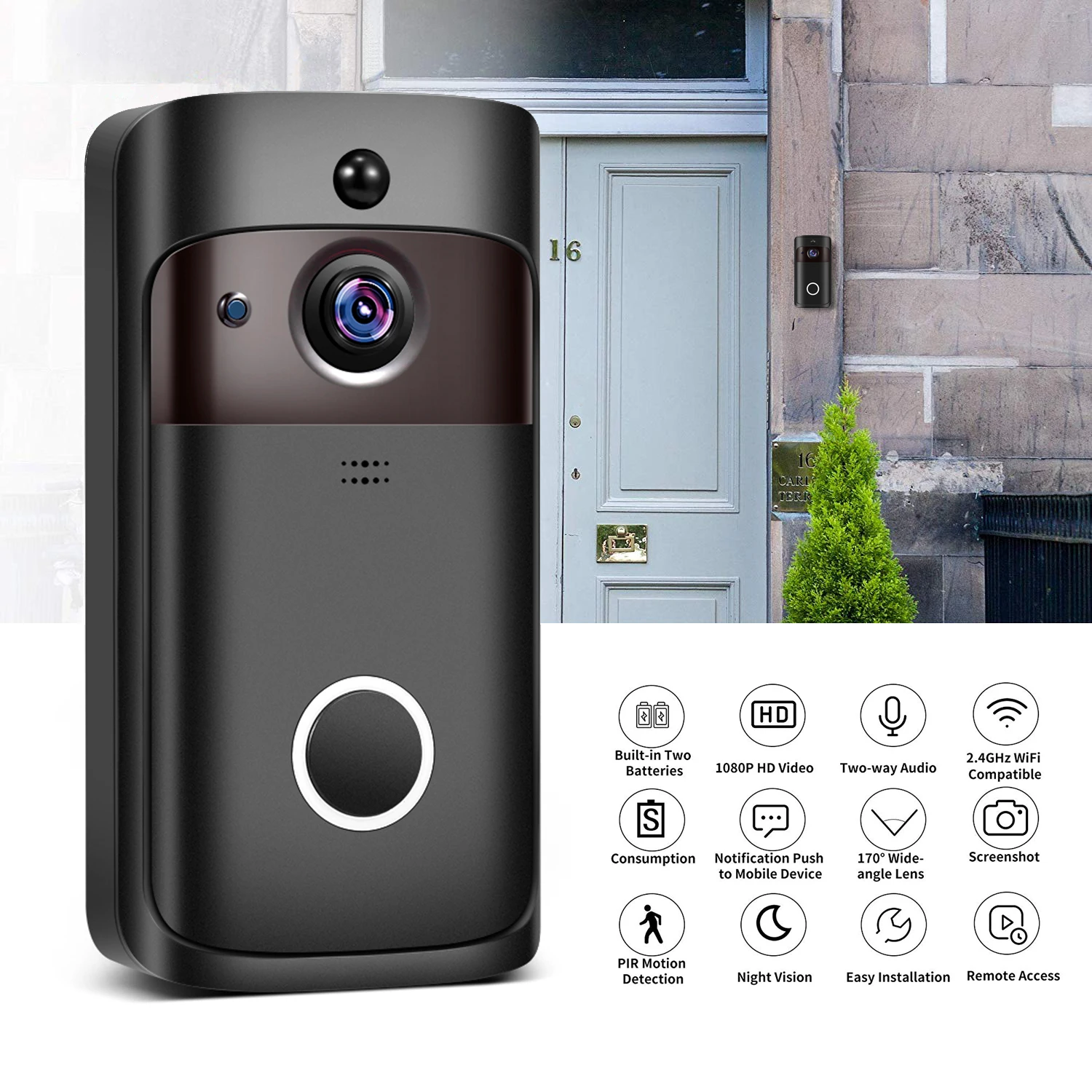 Wi-Fi, видеопереговорное устройство глазок дверной звонок, камера перезвон 1080P HD ИК Ночное видение 160 градусов Беспроводной удаленно