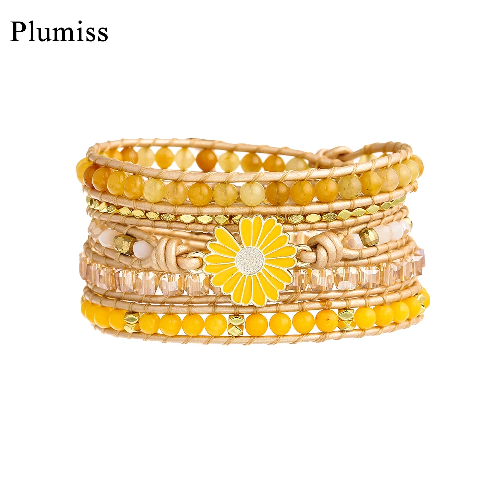 

Plumiss Yellow Little Daisy Wrap Bracelet for Women Charm Flower Boho Citrines November Birthstone Beads Bracelet Chakra Healing