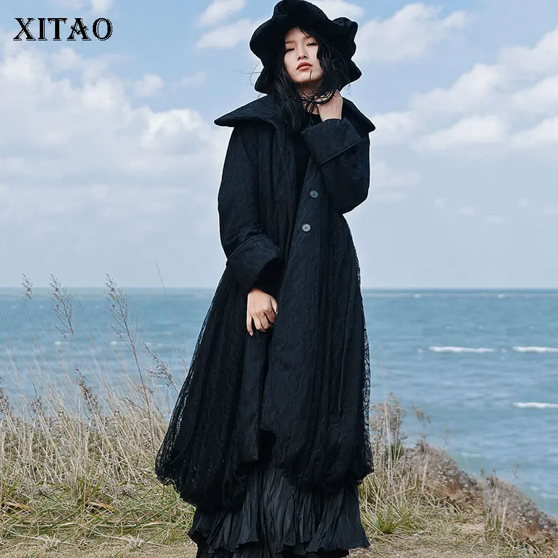 

XITAO/черные кружевные парки, модные повседневные однобортные винтажные свободные Универсальные женские парки с отложным воротником, JL0241