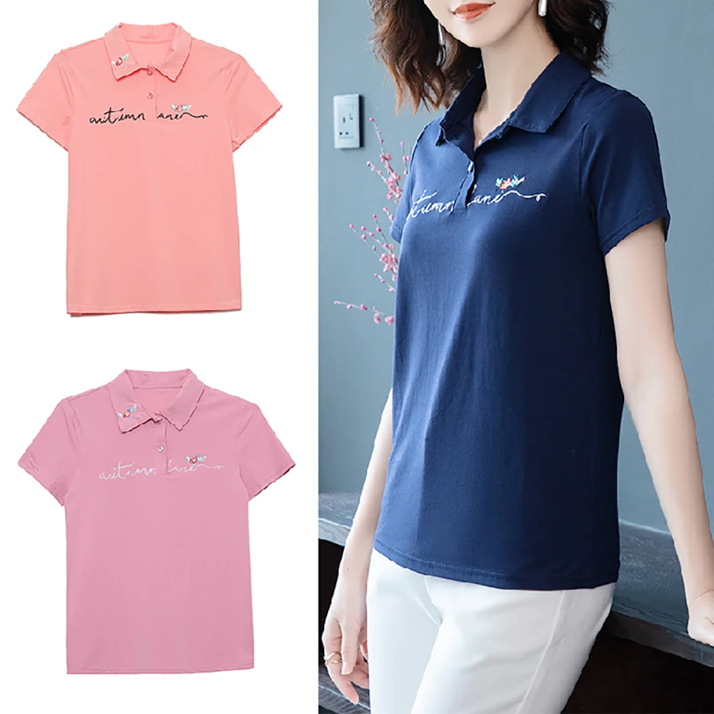 Рубашка поло женская с вышивкой Повседневный хлопковый топ коротким рукавом