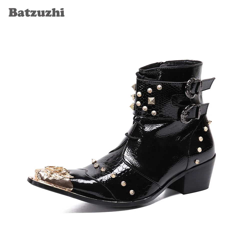 Batzuzhi 6.5cm Men Ankle Boots Pointed Metal Tip Rock Rivets Punk Black Leather Botas Militares 38-46 | Обувь