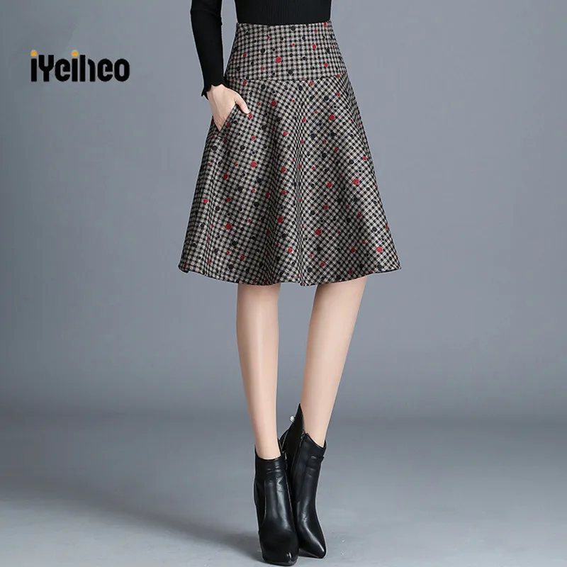 S-5XL женские шерстяные плащи с юбкой на осень-зиму 2019 большого размера модная клетчатая «Горошек», утепленная средней длины шерстяные юбки д...