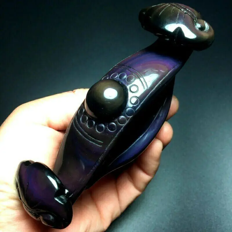 

1pc Natural Rainbow Obsidian Crystal Carved Ruyi Home Decor Healing +Stand