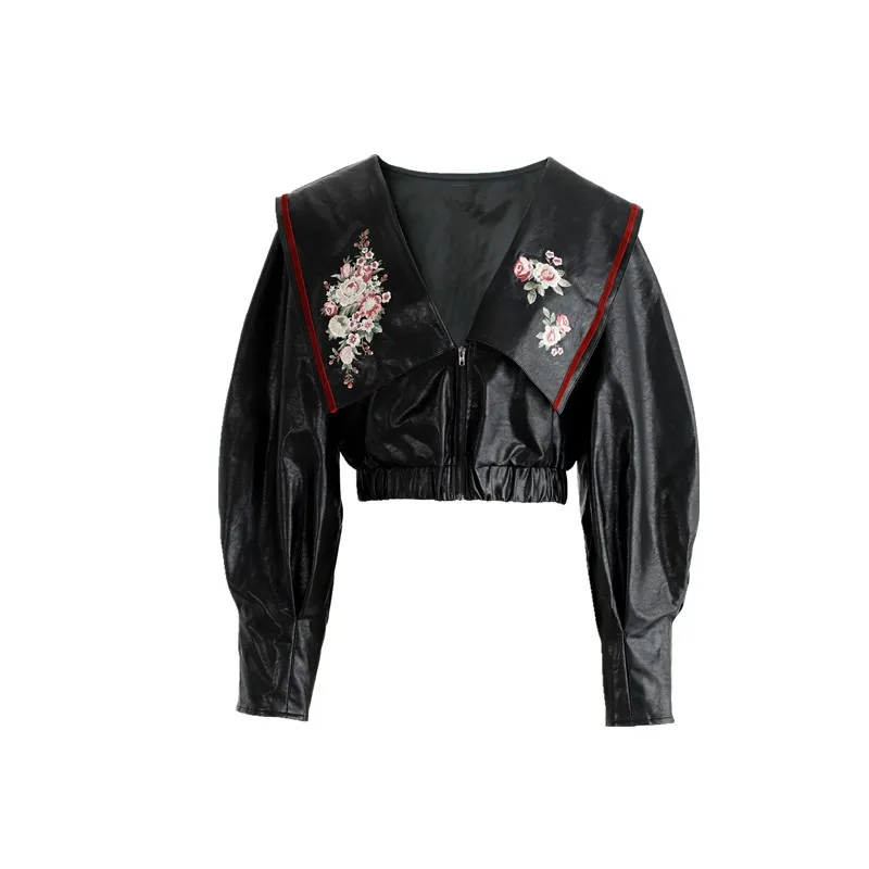Куртка женская с вышивкой и воротником укороченный пиджак из искусственной кожи