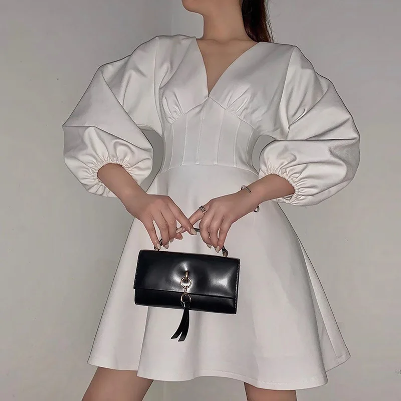 

Spring Autumn Fashion Dress Women V-Neck High Waist Solid Color Fashion White Elegant Puff Sleeve Casual Mini Dress
