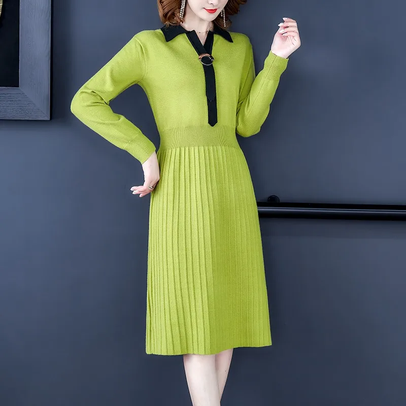 Новый элегантный OL отложной тонкий длинный свитер платье женское плотное