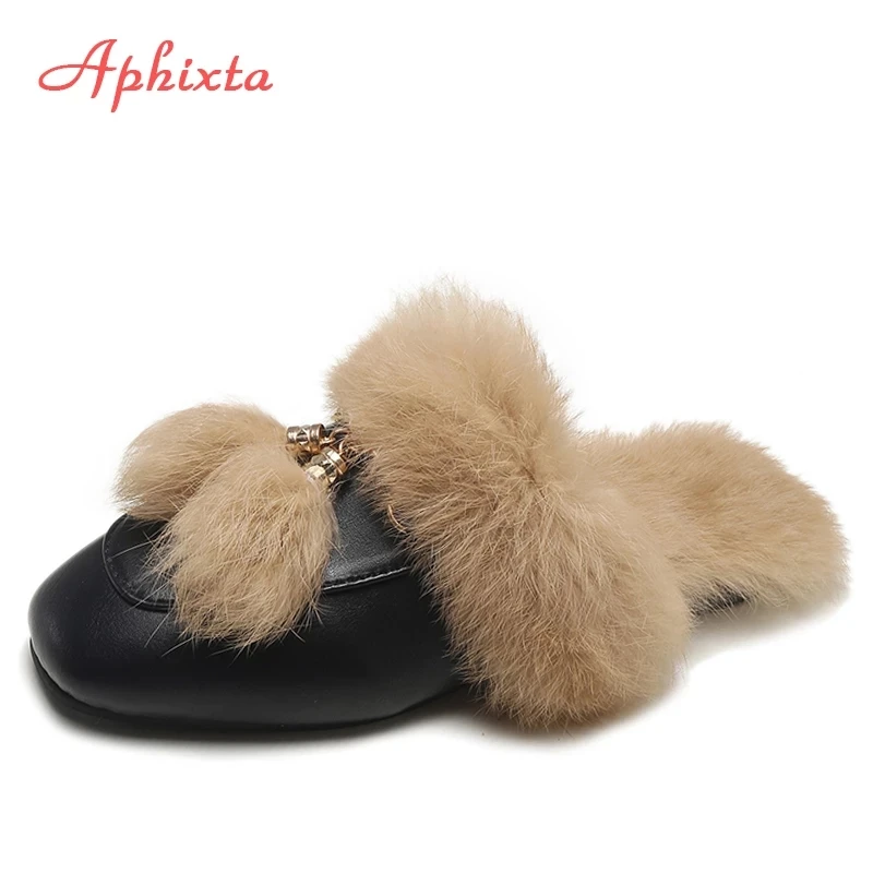 Aphixta Real Fur Slippers Shoes Woman 2022 Mules Women's Furry Slippers Winter Warm Women Shoes Fashion Slippers Rabbit Hair