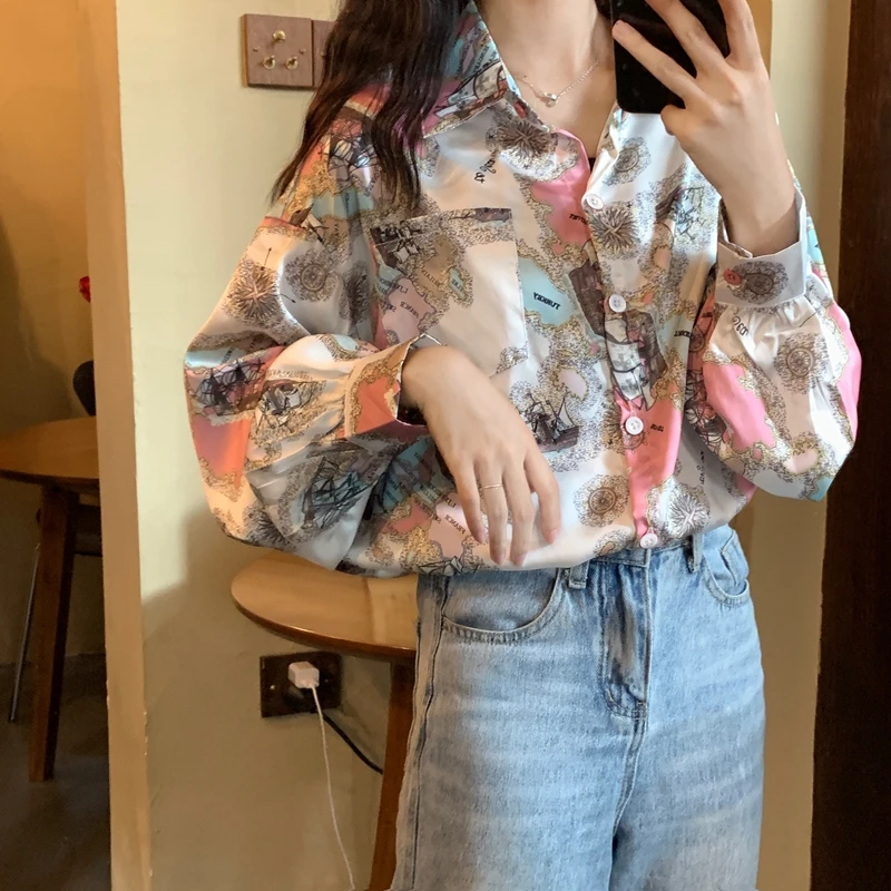 

Houthion New Long Sleeve Blouse Lapel Chiffon High-end Casual Fashion Top Summer Shirt Comfortable Blouses Print