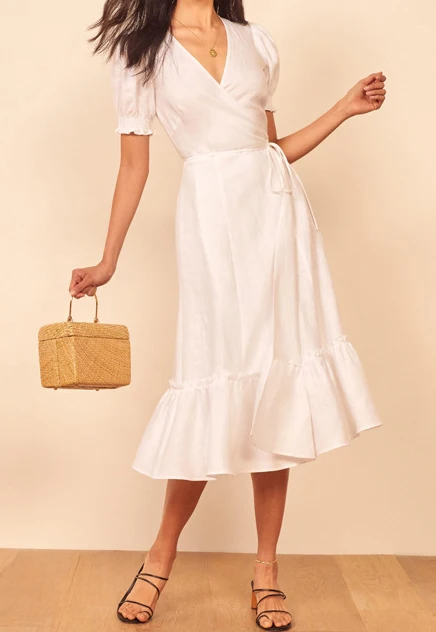 Платье женское льняное средней длины с V-образным вырезом и пышными рукавами в