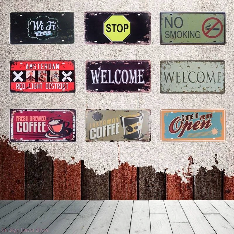 

Welcome Free Wifi Metal Tin Sign Coffee No Smoking Art Poster Shabby Plaque Iron Poster Pub Wall Stickers