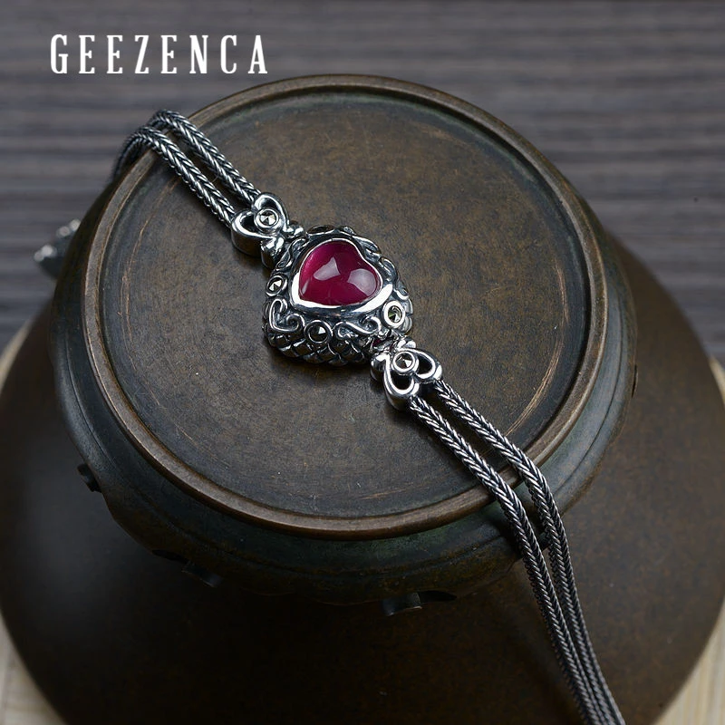 Винтажный Красный корундовый браслет в форме сердца из тайского серебра 925 пробы