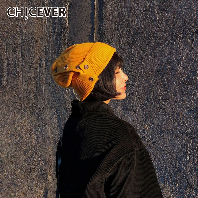 CHICEVER Лоскутные кнопочные шапки для женщин одноцветная шерстяная шапка