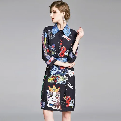 

2020 Autumn High Quality Printed Party Dress Women's Luxury Runway Three Quarter Sleeve Casual Vintage Knee-Length Lady Dresses