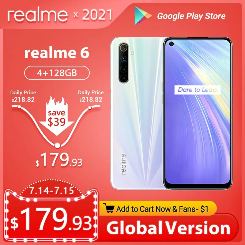 Смартфон realme 6 4 + Глобальная версия ГБ экран 128 &quot камера 64 мп мобильный телефон