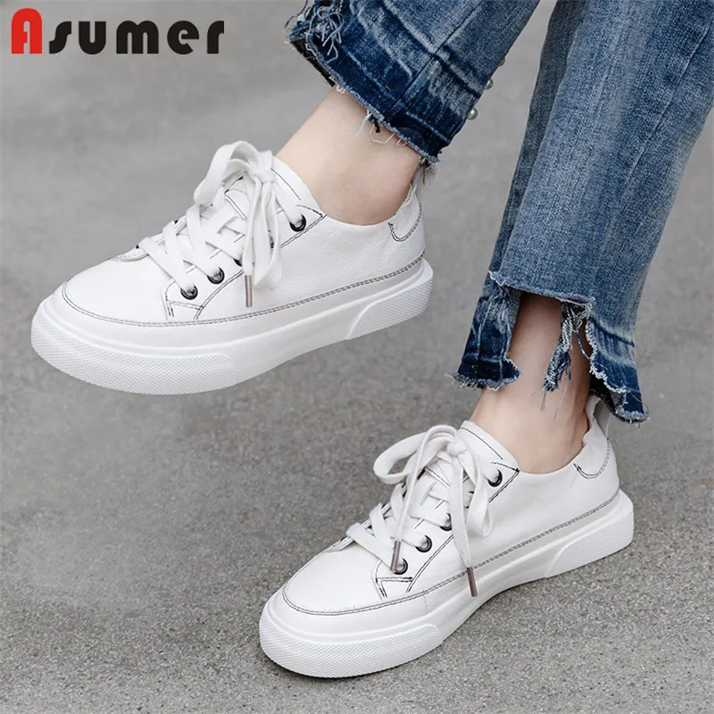 Asumer 2020 маленькие белые туфли женские на плоской подошве из натуральной кожи с