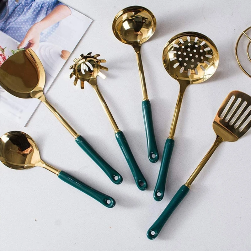 

Nordic Light Luxury 7Pcs Kitchen Utensil Set Stainless Steel Cooking Spoon Spatula Shovel with Ceramic Handle Carousel Holder C