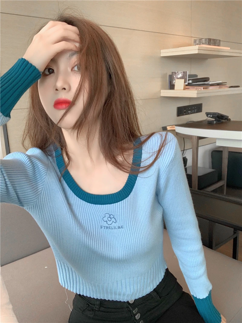 

Knit sweater autumn new long-sleeved basic pink short slim thin pullover sweater fashion high waist knitted tops