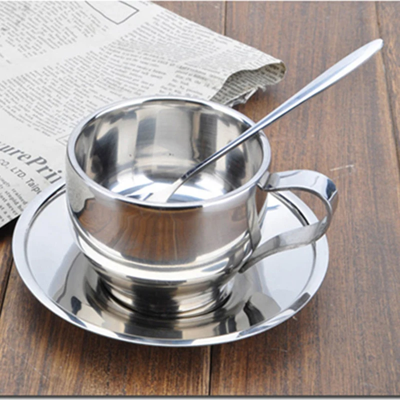 

Stainless Steel Coffee Cups Set Double-deck Thermal Insulation Coffee Mug Tea Cups Set Tea Set Milk Mug with Saucer Mat Spoon