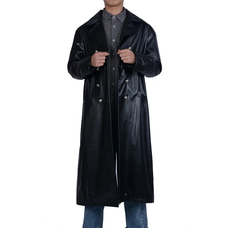 Oeak Men Vintage Long Leather Jacket Black Punk PU Outwear Retro Gothic Long Jacket Double-breasted Classic Leather Coat