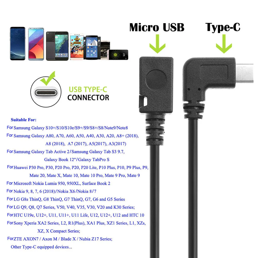 

25cm USB 3.1 Type C Male Left Right Angle to Micro USB 5-Pin Female Sync Cable