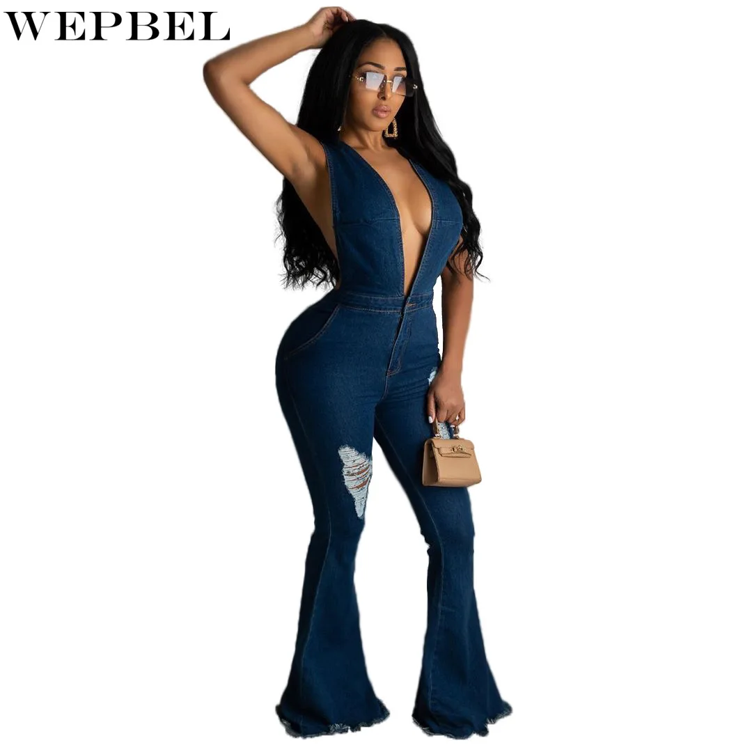 

WEPBEL Summer Hole Solid Color V-neck Backless Strap Denim Flare Jumpsuits Women's Sexy Slim Sleeveless High Waist Jumpsuits