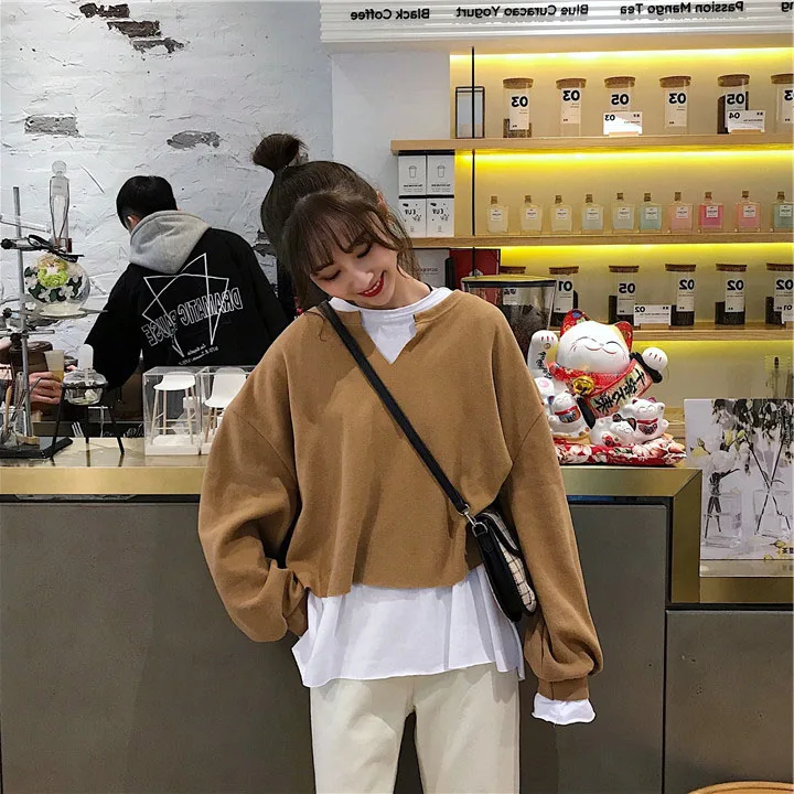 Harajuku корейские шикарные свитшоты в стиле пэчворк женские осенние уличные рукава летучая мышь поддельные два предмета толстовки студенческие свободные топы