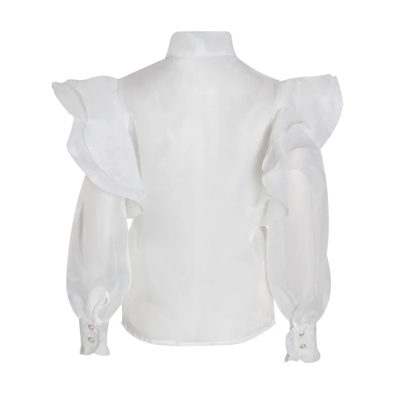 

Palace Style High-End See-through Organza Shirt Women Bow Lace-up Stand Collar Ruffled Lantern Sleeves Blouse Office Lady Tops